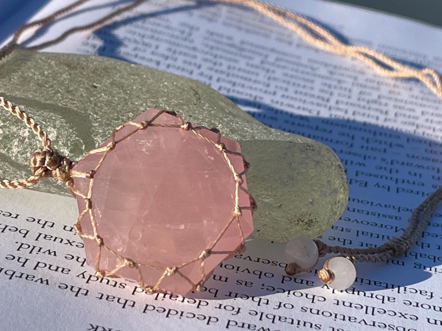 Stunning macrame rose quartz necklace on an adjustable cord. Handmade gemstone necklace, boho jewellery. Macrame jewellery. Unique necklace.