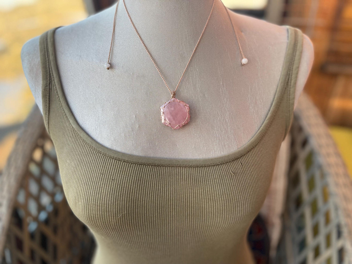 Stunning macrame rose quartz necklace on an adjustable cord. Handmade gemstone necklace, boho jewellery. Macrame jewellery. Unique necklace.