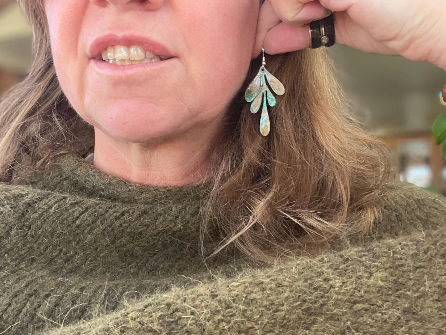 Handmade leaf earrings. Rustic earrings, unusual earrings, unusual gift for her, blue earrings, boho earrings, leaf jewellery, hippy gift