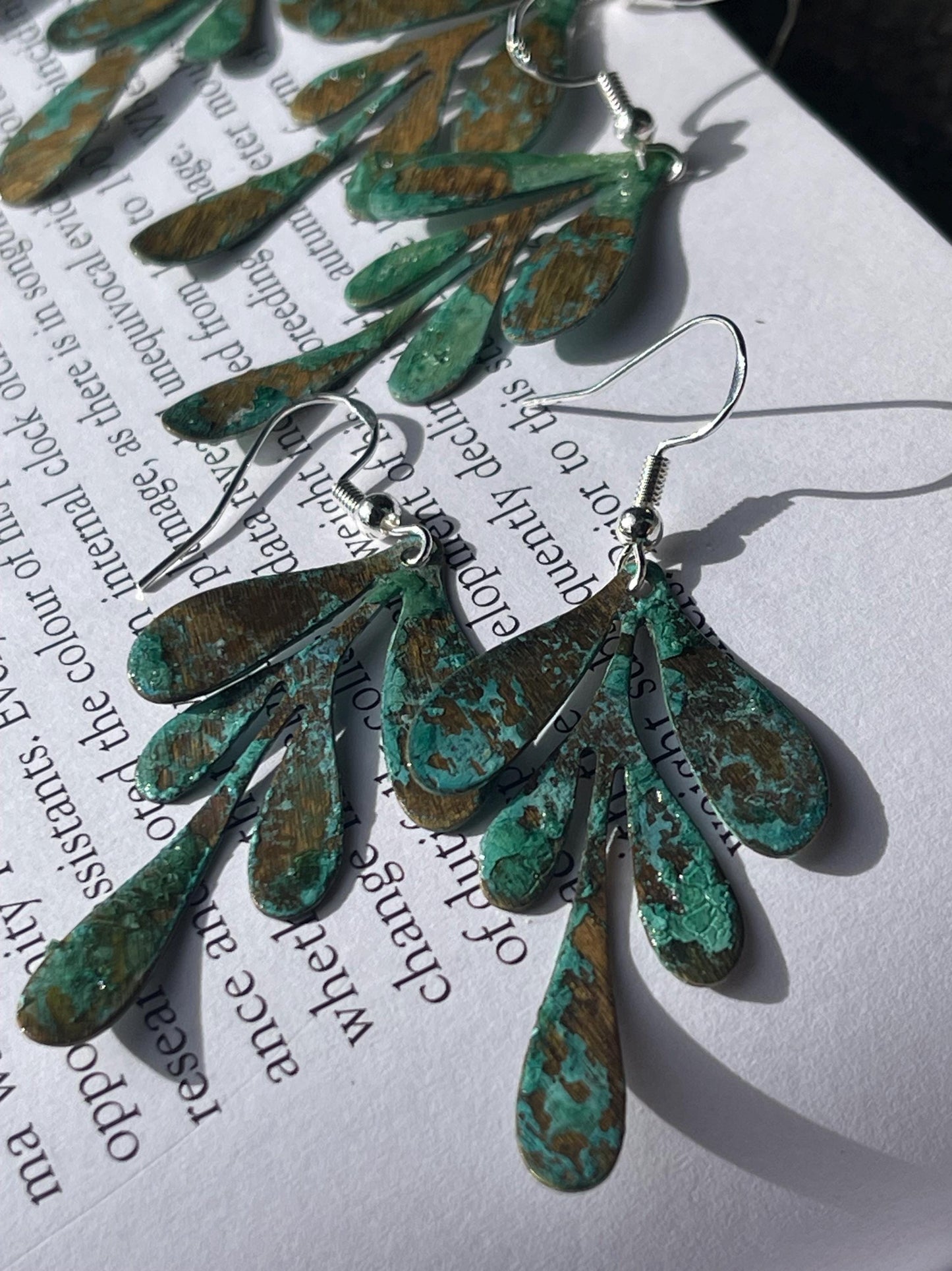 Handmade leaf earrings. Rustic earrings, unusual earrings, unusual gift for her, blue earrings, boho earrings, leaf jewellery, hippy gift
