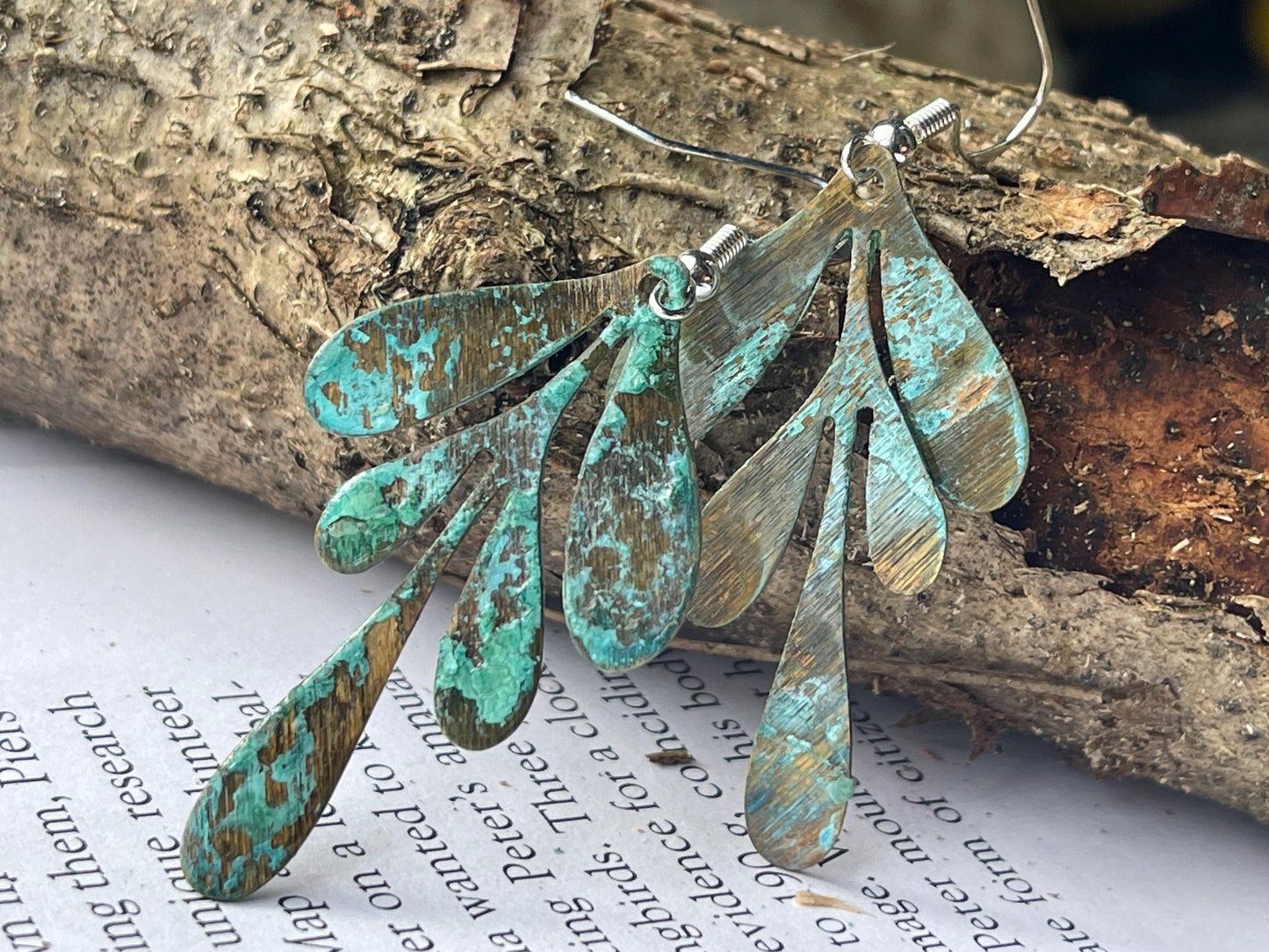 Handmade leaf earrings. Rustic earrings, unusual earrings, unusual gift for her, blue earrings, boho earrings, leaf jewellery, hippy gift