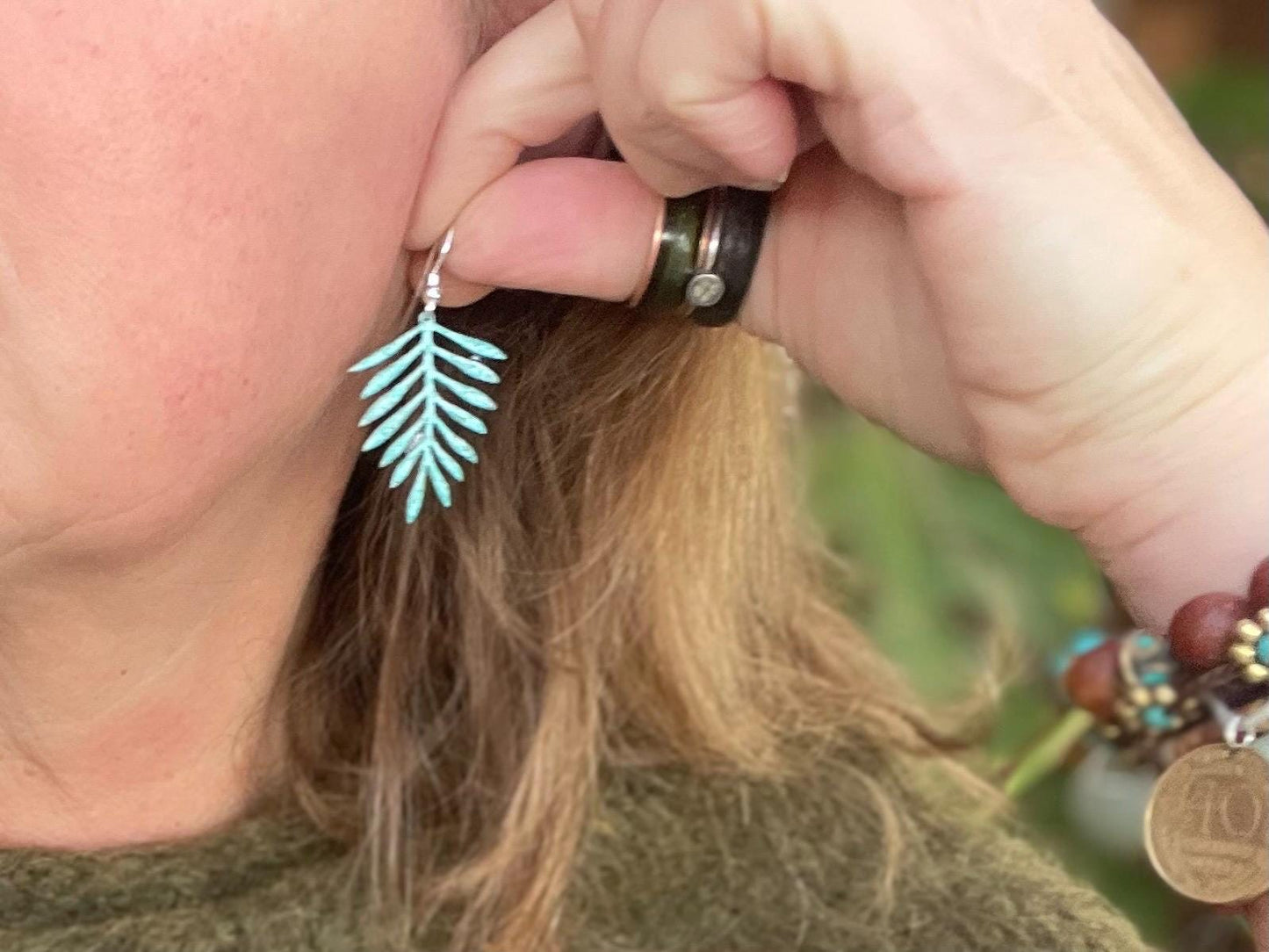 Handmade leaf earrings. Rustic earrings, unusual earrings, unusual gift for her, blue earrings, boho earrings, leaf jewellery, hippy gift