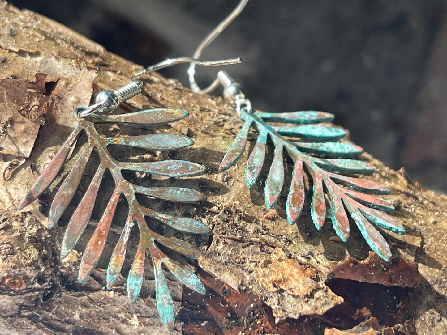 Handmade leaf earrings. Rustic earrings, unusual earrings, unusual gift for her, blue earrings, boho earrings, leaf jewellery, hippy gift