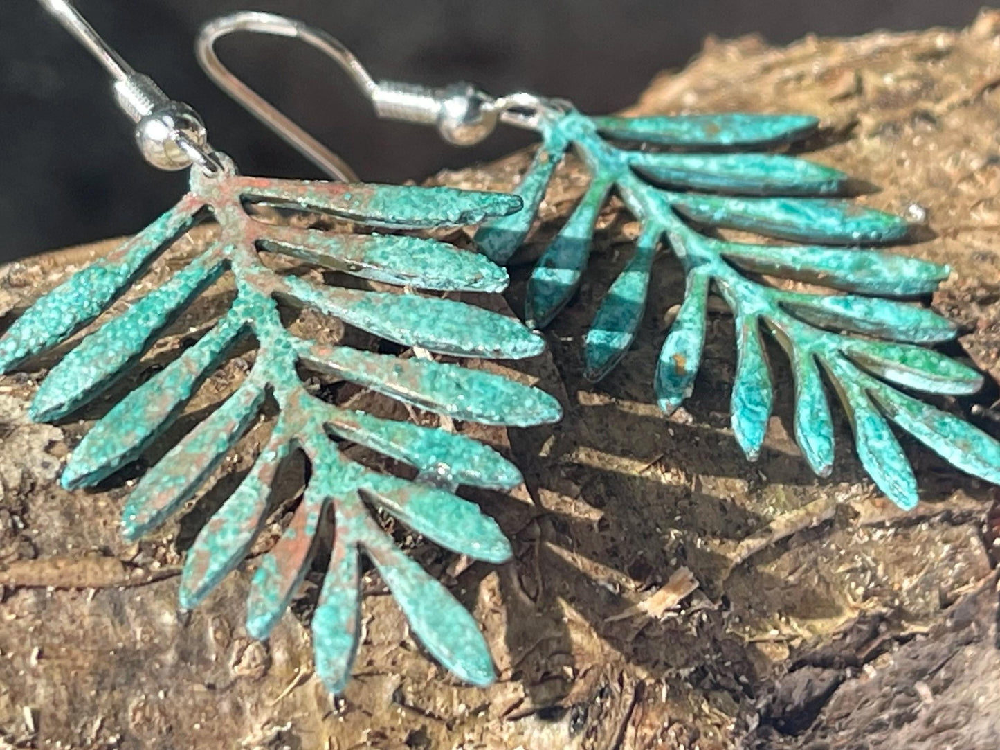 Handmade leaf earrings. Rustic earrings, unusual earrings, unusual gift for her, blue earrings, boho earrings, leaf jewellery, hippy gift