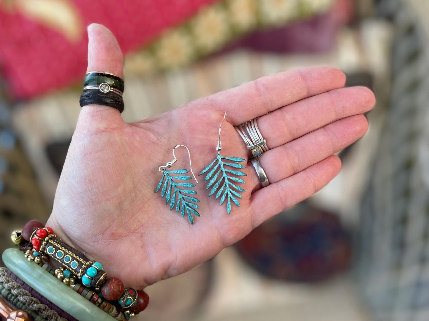 Handmade leaf earrings. Rustic earrings, unusual earrings, unusual gift for her, blue earrings, boho earrings, leaf jewellery, hippy gift