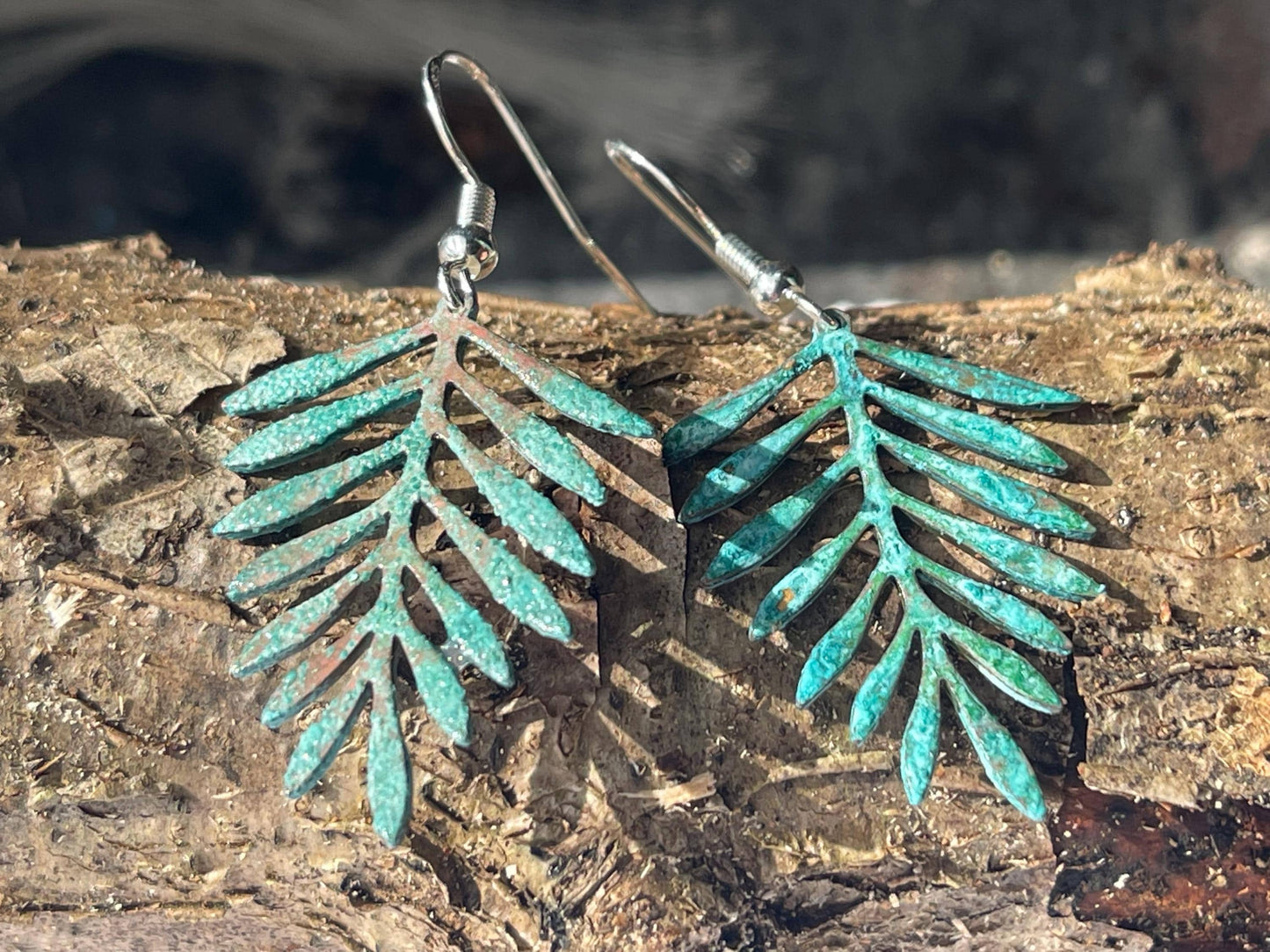 Handmade leaf earrings. Rustic earrings, unusual earrings, unusual gift for her, blue earrings, boho earrings, leaf jewellery, hippy gift