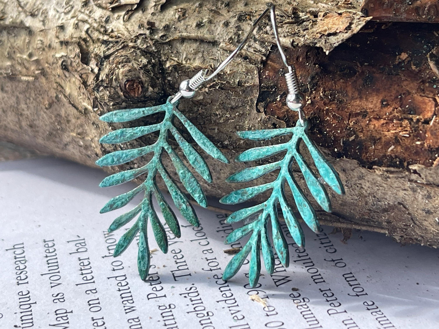 Handmade leaf earrings. Rustic earrings, unusual earrings, unusual gift for her, blue earrings, boho earrings, leaf jewellery, hippy gift