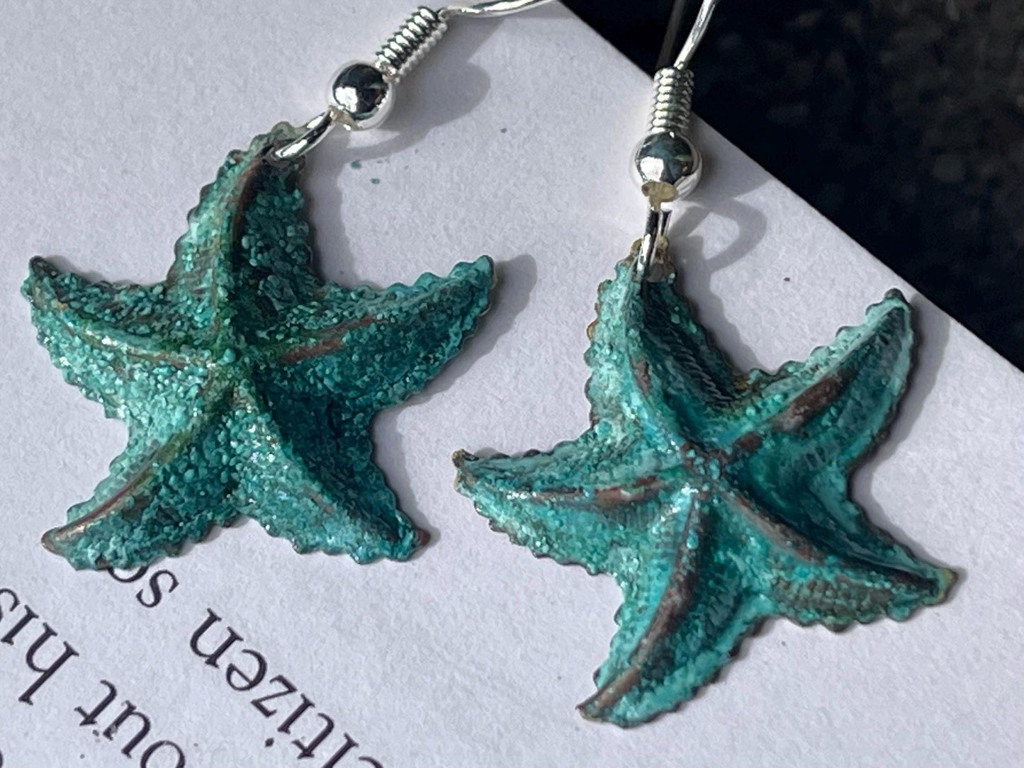 Handmade starfish earrings. Rustic earrings, unusual earrings, unusual gift for her, blue earrings, boho earrings, hippy gift. Beach earring