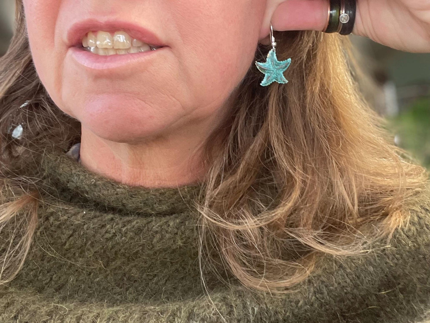 Handmade starfish earrings. Rustic earrings, unusual earrings, unusual gift for her, blue earrings, boho earrings, hippy gift. Beach earring