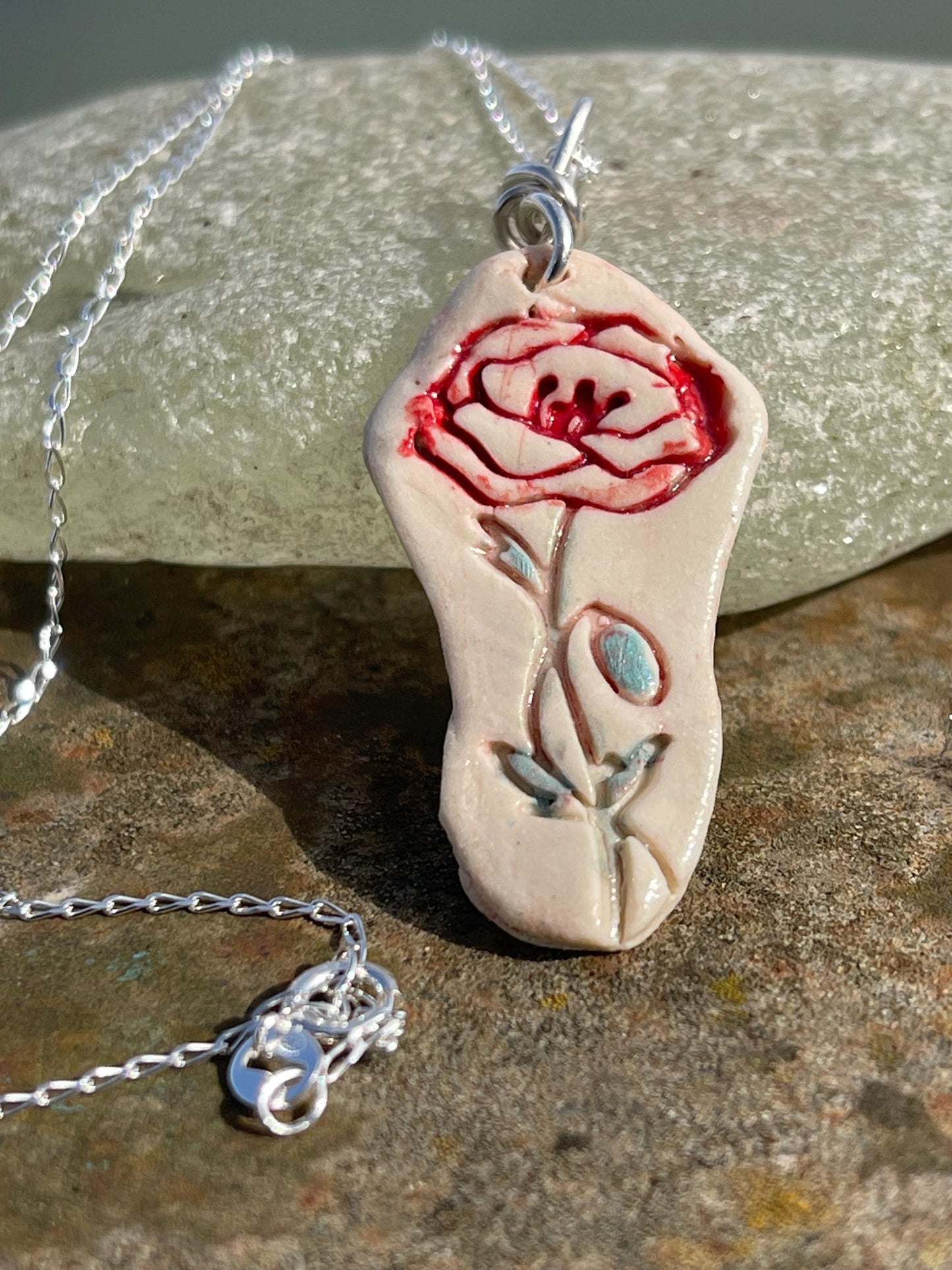 Handmade porcelain rose pendant. Eco friendly jewellery. Handmade rose necklaces on recycled sterling silver. Ethical jewellery. Eco gifts.
