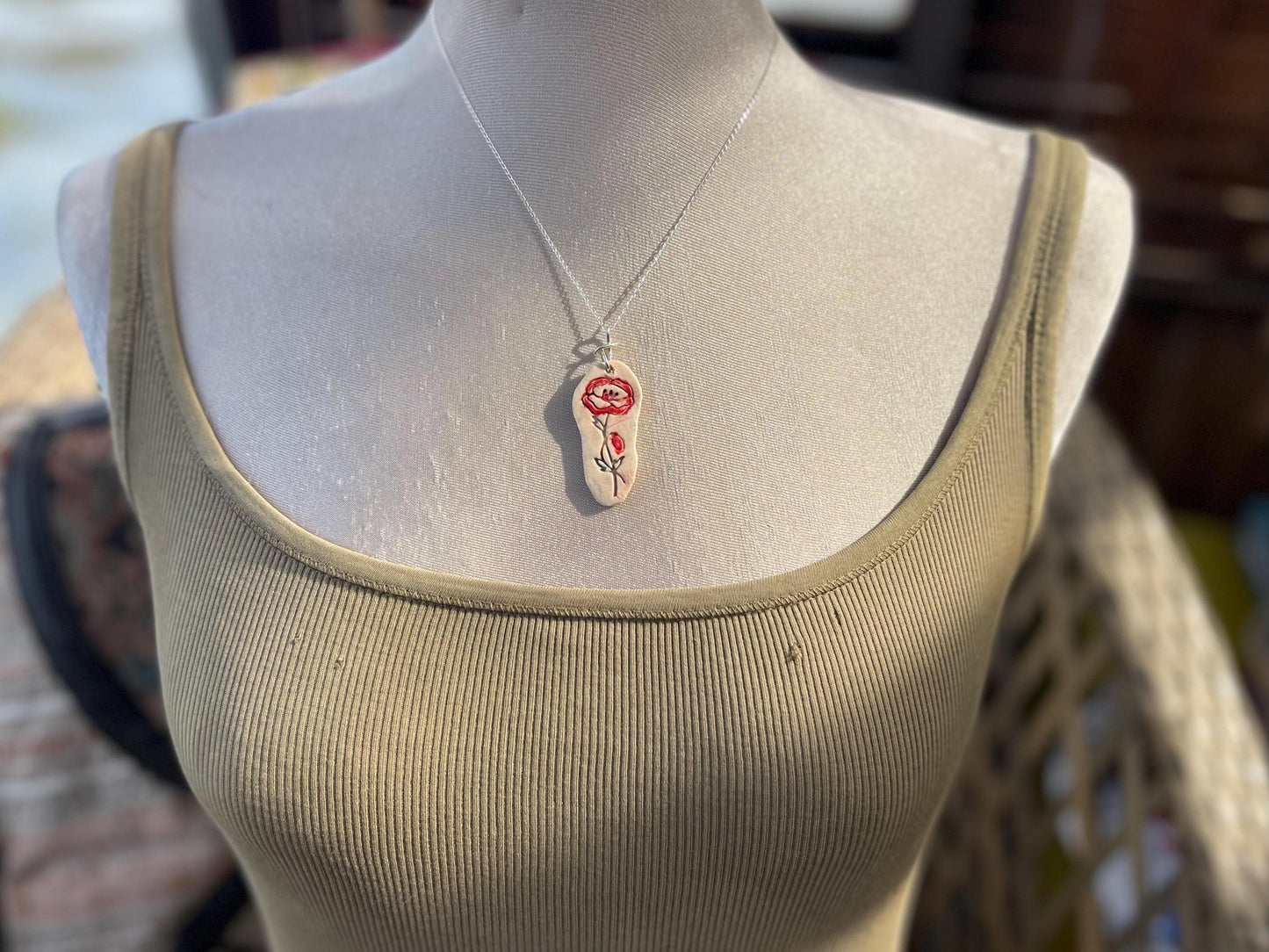Handmade porcelain rose pendant. Eco friendly jewellery. Handmade rose necklaces on recycled sterling silver. Ethical jewellery. Eco gifts.