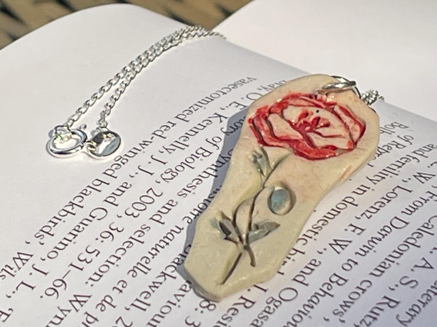 Handmade porcelain rose pendant. Eco friendly jewellery. Handmade rose necklaces on recycled sterling silver. Ethical jewellery. Eco gifts.