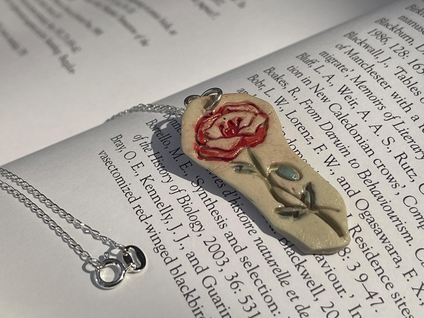 Handmade porcelain rose pendant. Eco friendly jewellery. Handmade rose necklaces on recycled sterling silver. Ethical jewellery. Eco gifts.