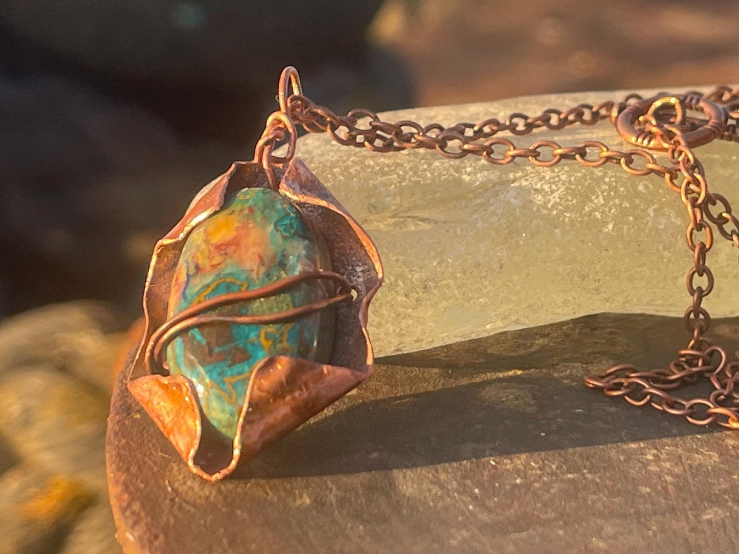 Eco friendly handmade necklace made from Chrysocolla & naturally weathered recycled copper. Ethical jewellery. Unique handmade jewellery.