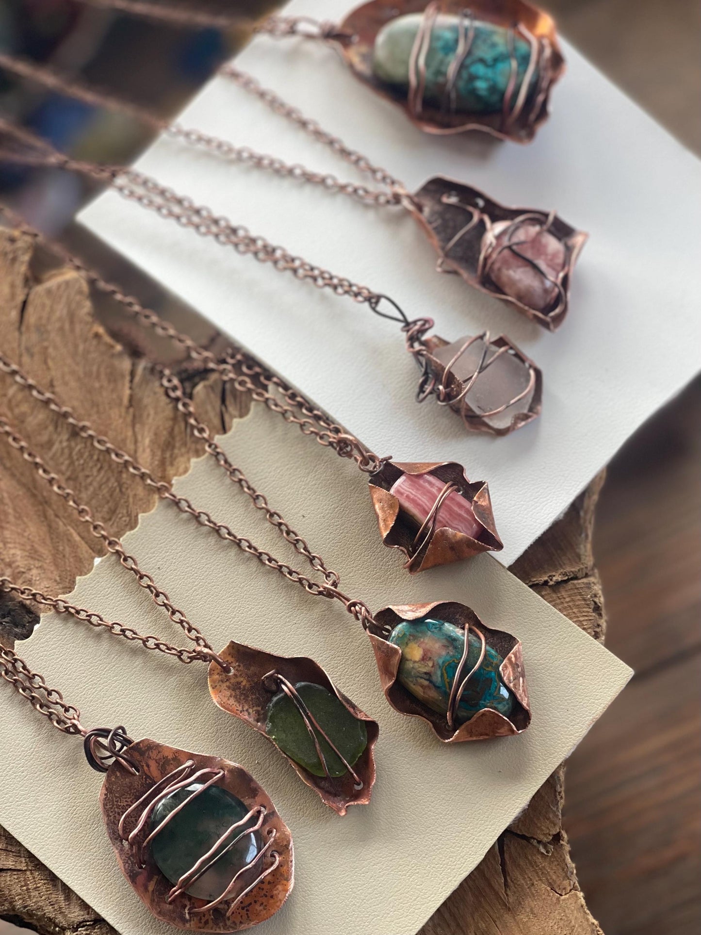 Eco friendly handmade necklace made from sea glass and naturally weathered recycled copper. Ethical jewellery. Unique handmade jewellery.