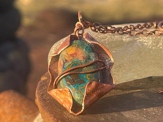 Eco friendly handmade necklace made from Chrysocolla & naturally weathered recycled copper. Ethical jewellery. Unique handmade jewellery.