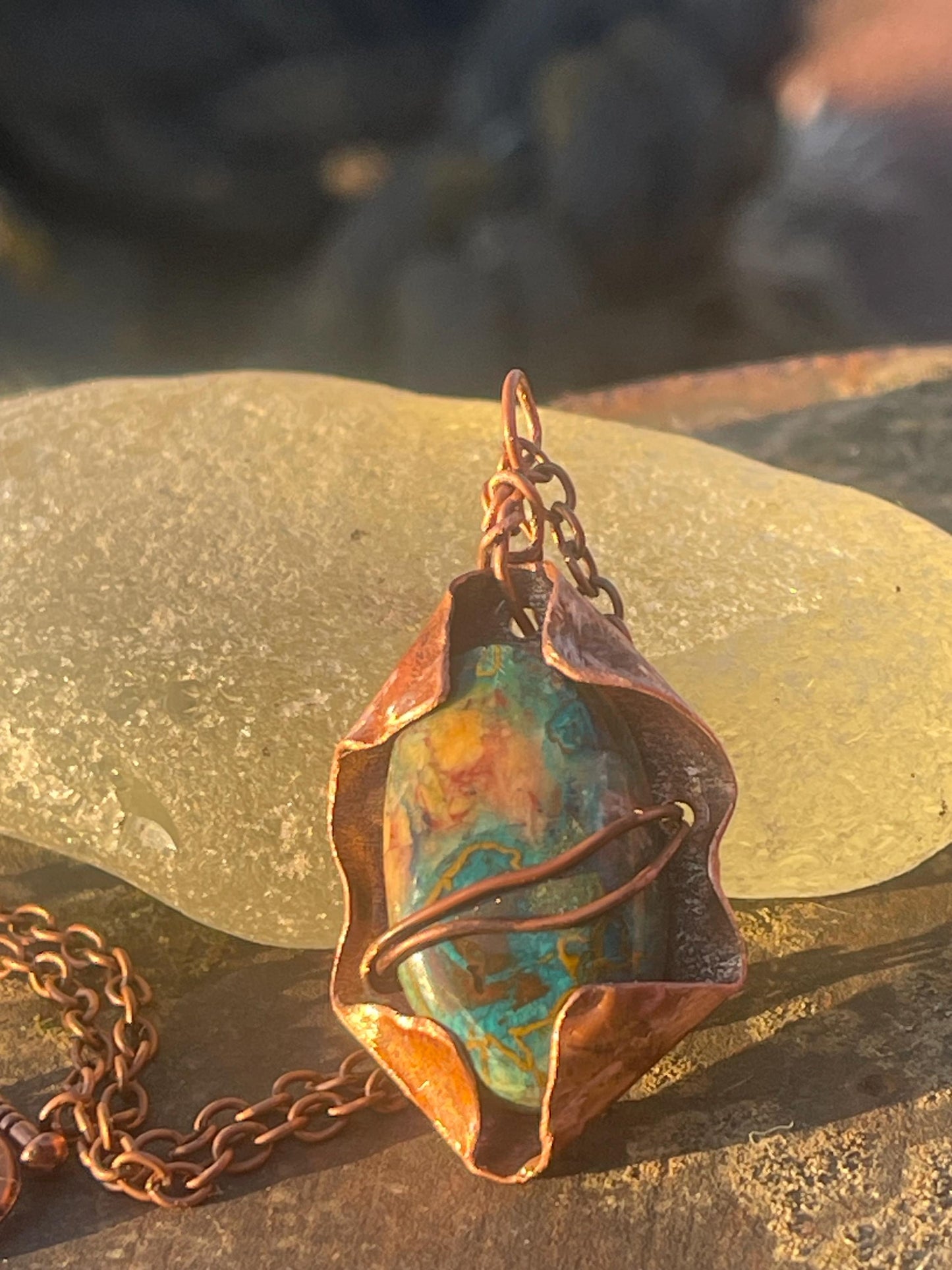 Eco friendly handmade necklace made from Chrysocolla & naturally weathered recycled copper. Ethical jewellery. Unique handmade jewellery.