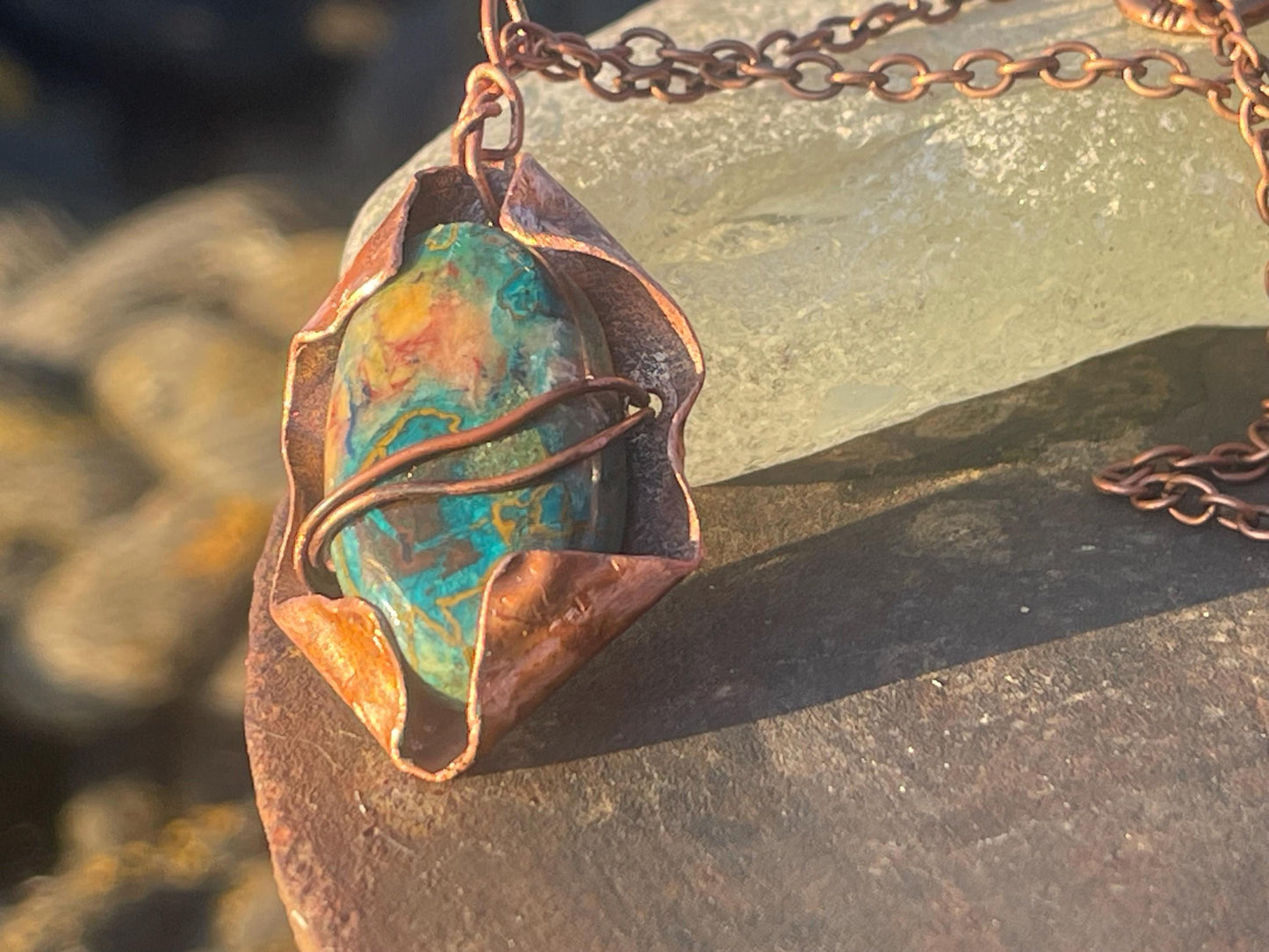 Eco friendly handmade necklace made from Chrysocolla & naturally weathered recycled copper. Ethical jewellery. Unique handmade jewellery.