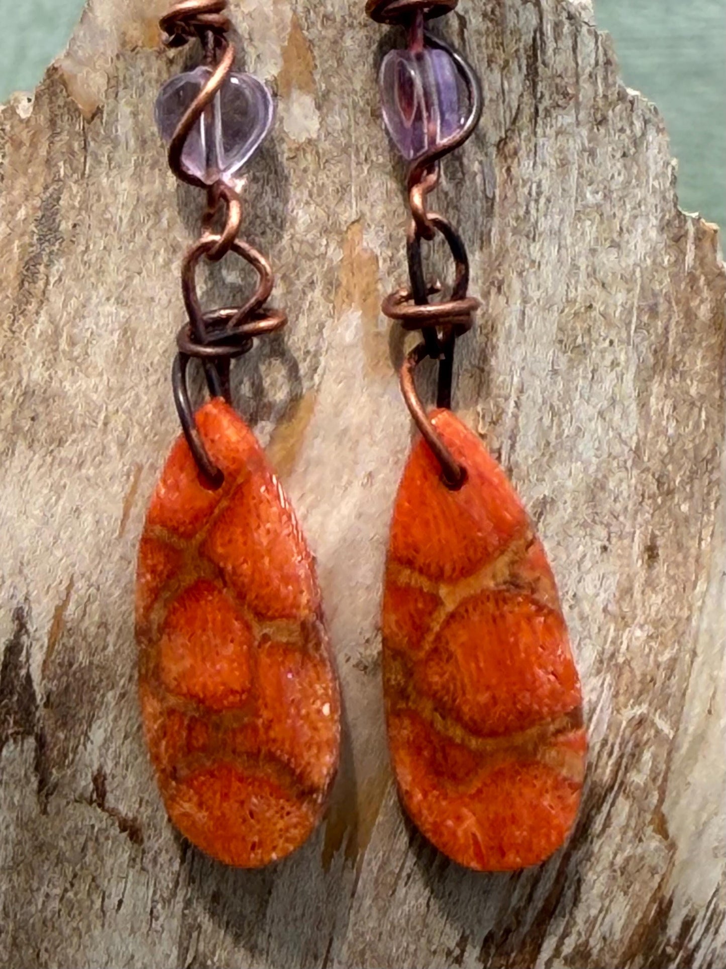 Orange calcite gemstone earrings. Long drop dangly earrings. Orange gemstone earrings. Ethical jewellery, orange jewellery. Handmade.