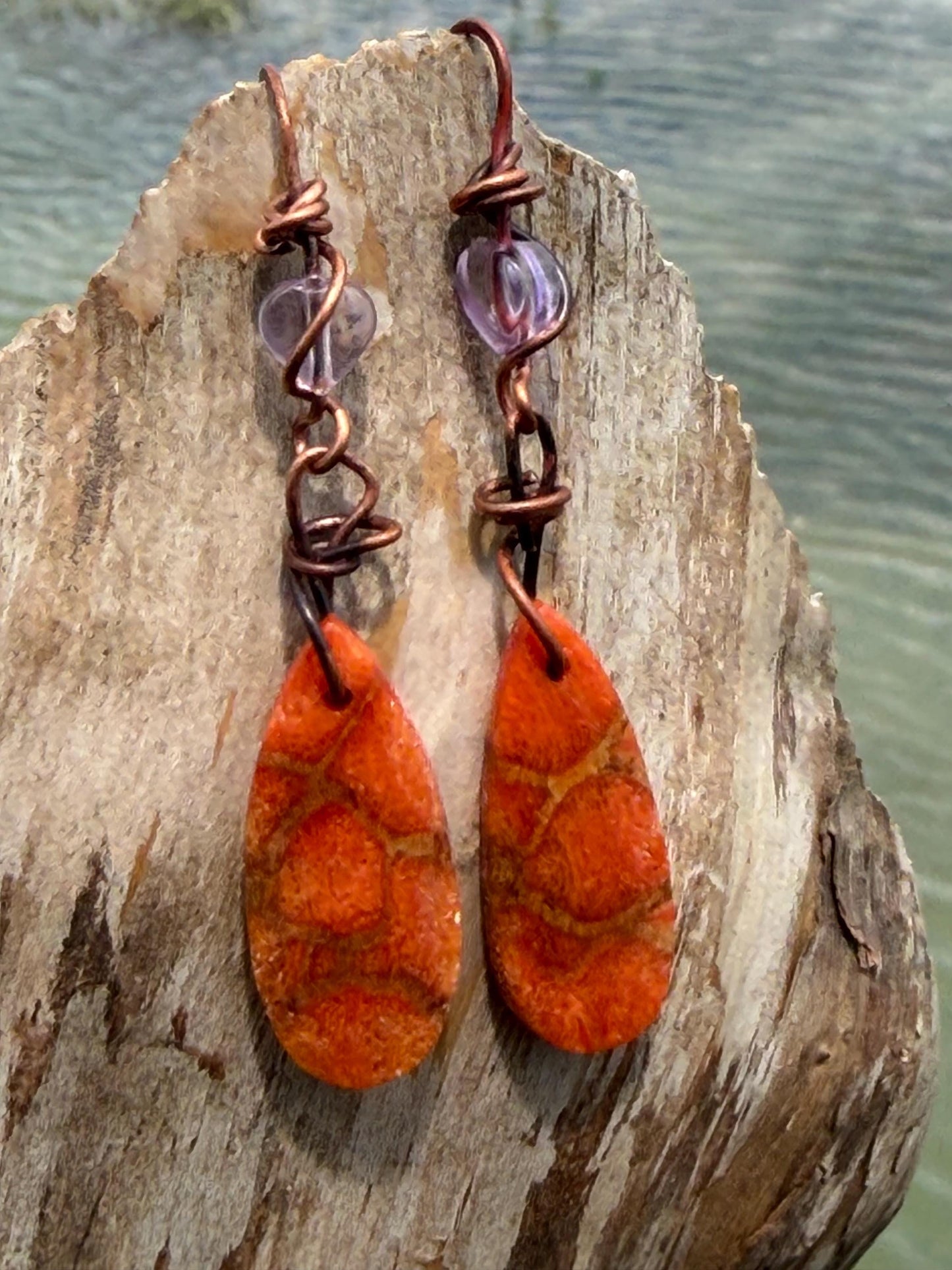 Orange calcite gemstone earrings. Long drop dangly earrings. Orange gemstone earrings. Ethical jewellery, orange jewellery. Handmade.