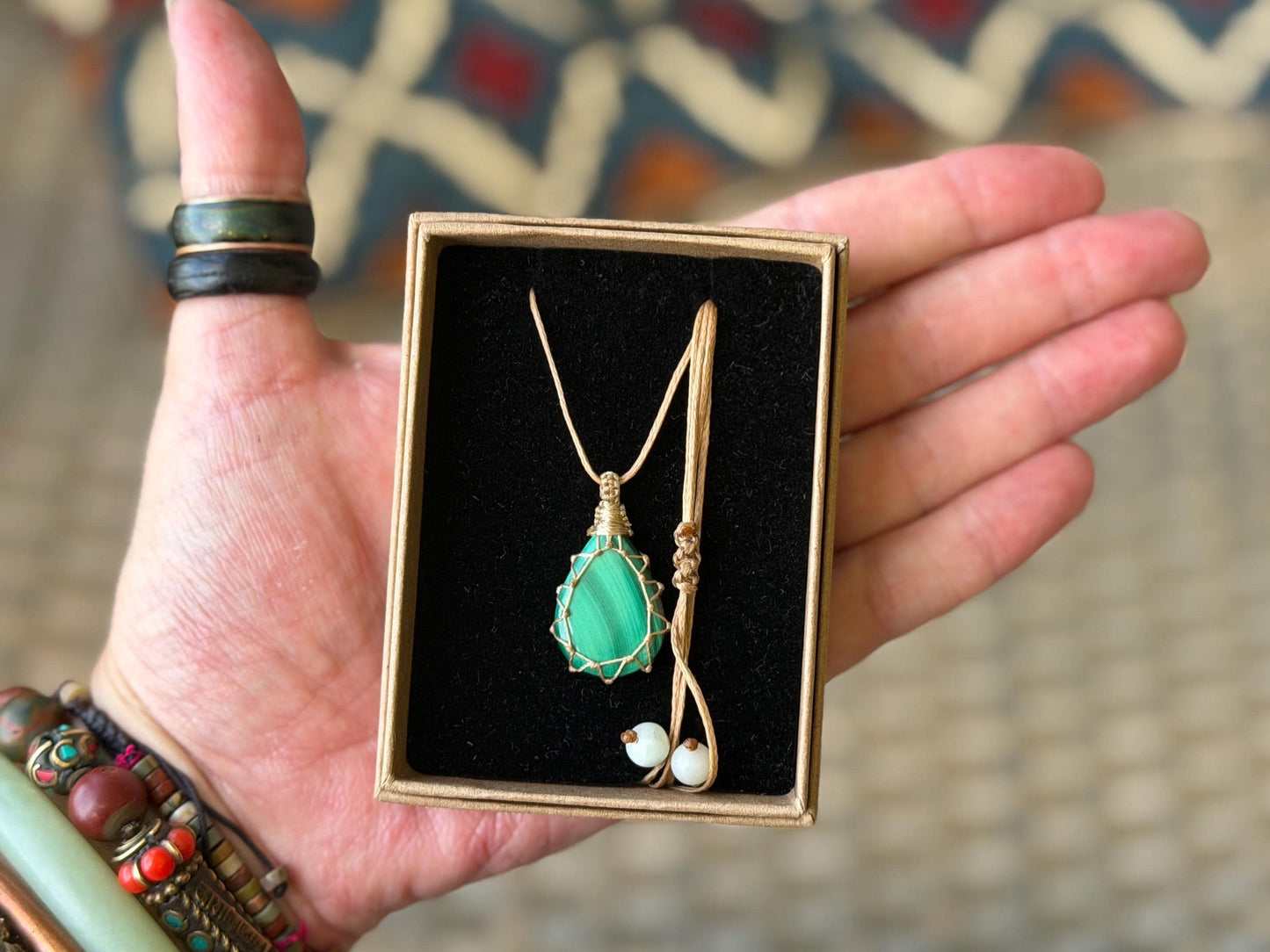 Stunning macrame malachite necklace on an adjustable cord. Handmade gemstone necklace, boho jewellery. Malachite jewellery. Unique necklace.