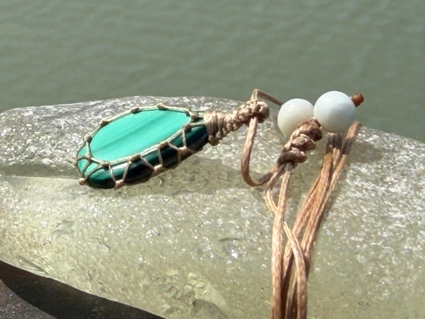 Stunning macrame malachite necklace on an adjustable cord. Handmade gemstone necklace, boho jewellery. Malachite jewellery. Unique necklace.