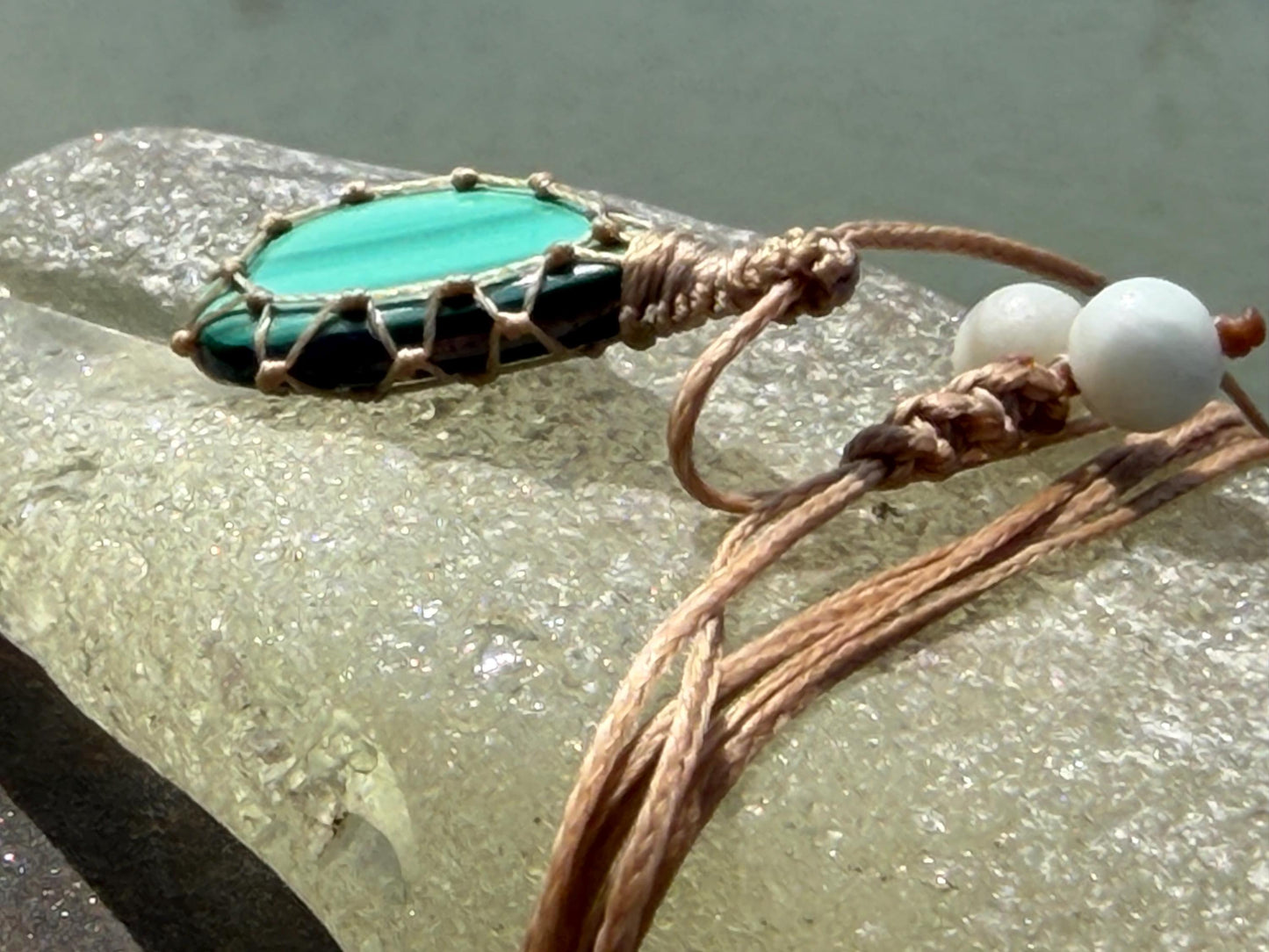 Stunning macrame malachite necklace on an adjustable cord. Handmade gemstone necklace, boho jewellery. Malachite jewellery. Unique necklace.