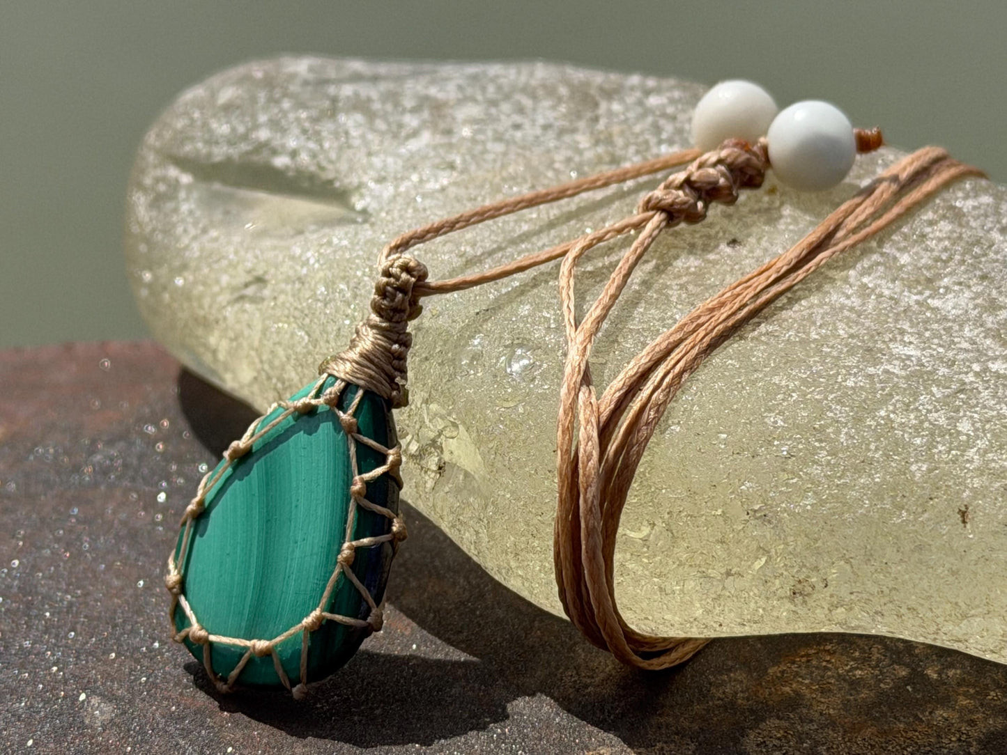 Stunning macrame malachite necklace on an adjustable cord. Handmade gemstone necklace, boho jewellery. Malachite jewellery. Unique necklace.