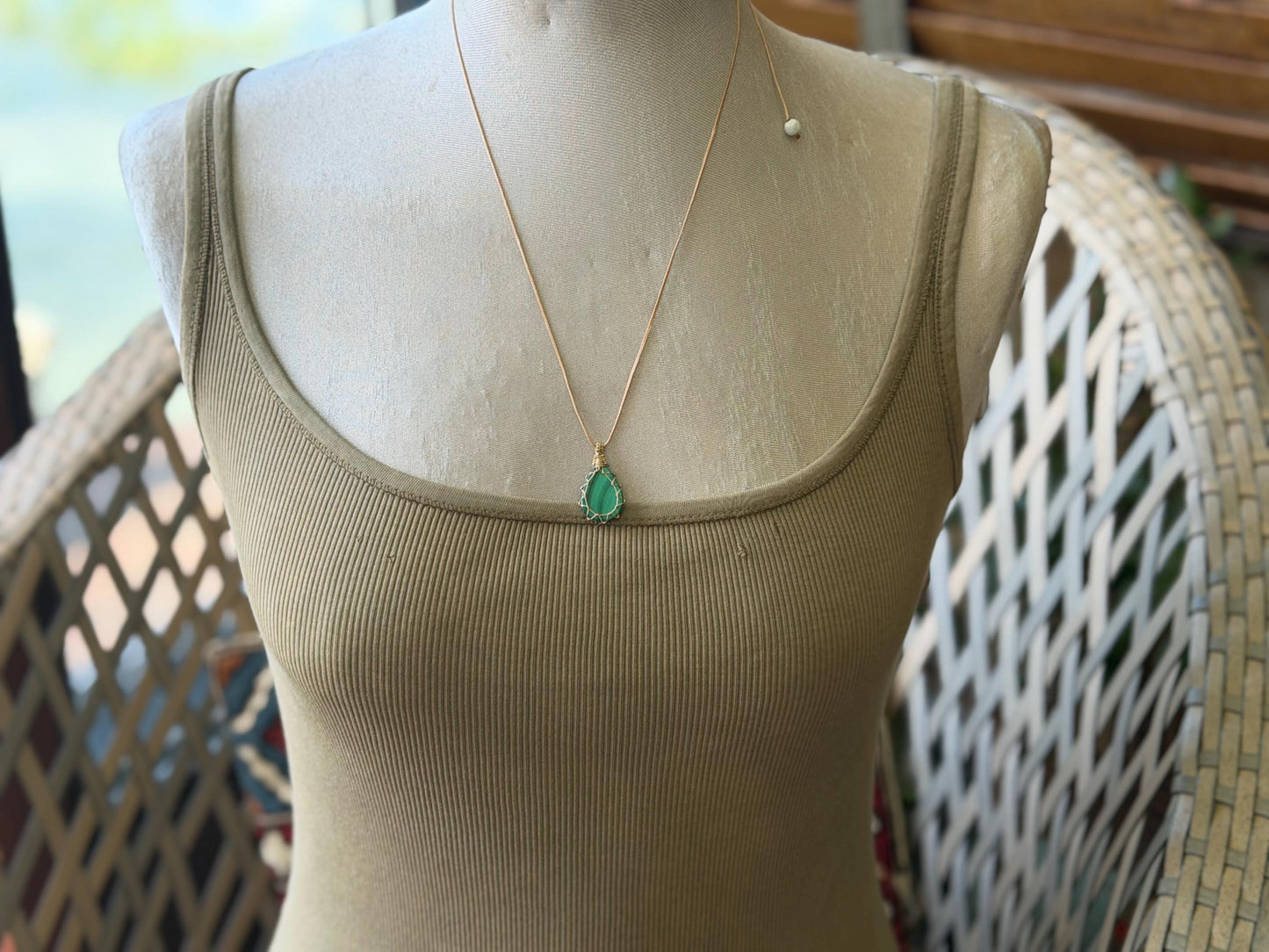 Stunning macrame malachite necklace on an adjustable cord. Handmade gemstone necklace, boho jewellery. Malachite jewellery. Unique necklace.