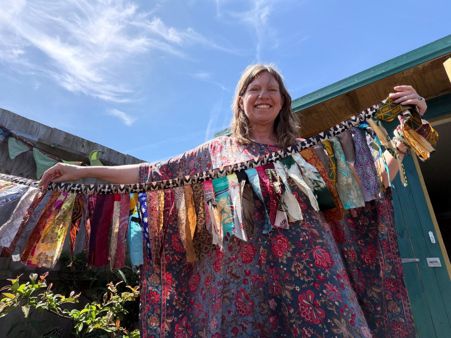 Long strips of multi-coloured rag bunting. Party bunting, wedding bunting, recycled sari bunting. Ideal for festivals, camping, birthdays