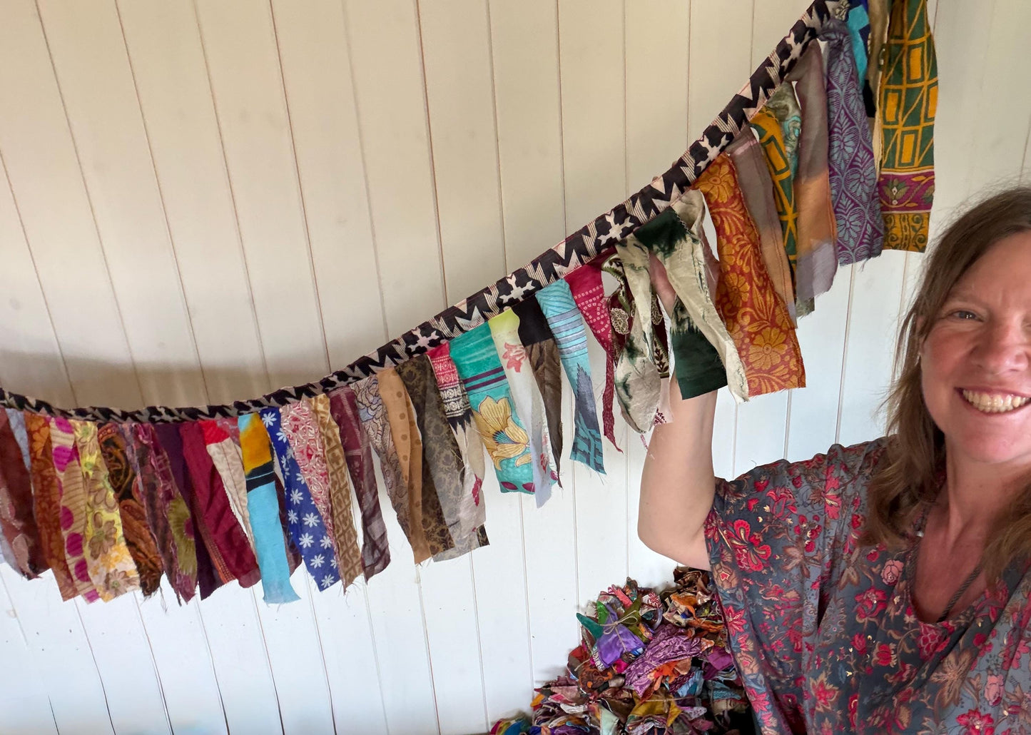Long strips of multi-coloured rag bunting. Party bunting, wedding bunting, recycled sari bunting. Ideal for festivals, camping, birthdays