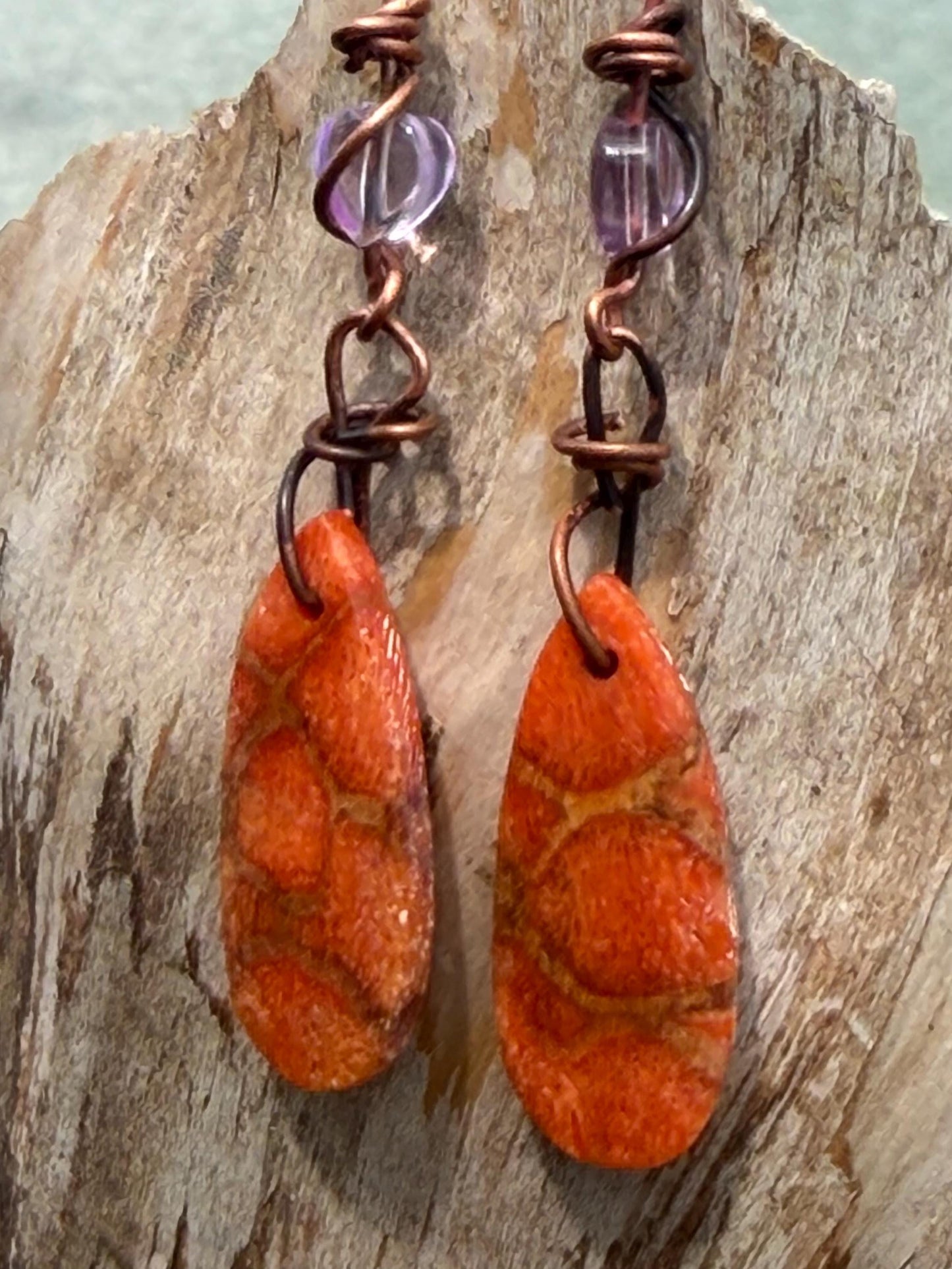 Orange calcite gemstone earrings. Long drop dangly earrings. Orange gemstone earrings. Ethical jewellery, orange jewellery. Handmade.