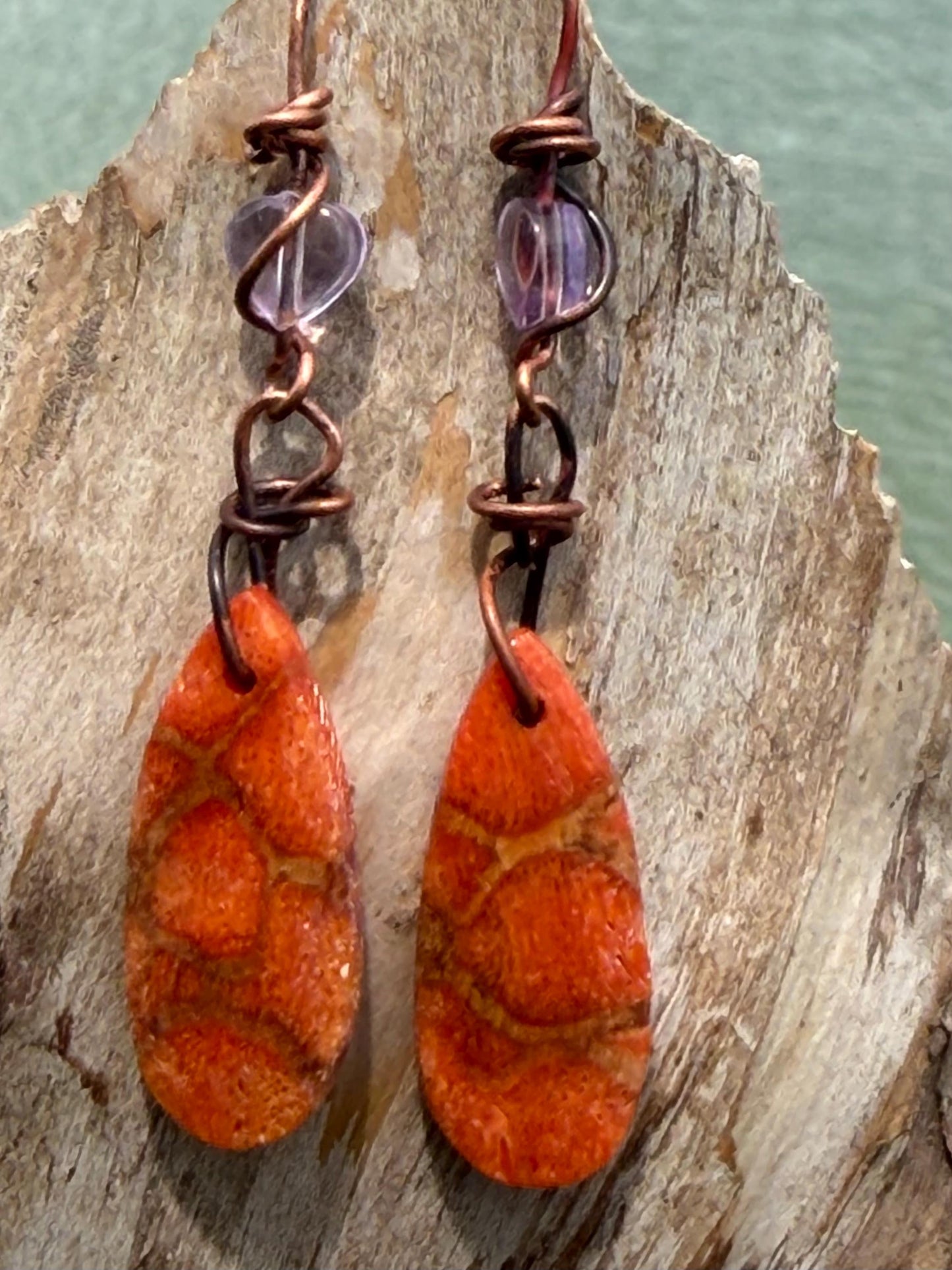 Orange calcite gemstone earrings. Long drop dangly earrings. Orange gemstone earrings. Ethical jewellery, orange jewellery. Handmade.