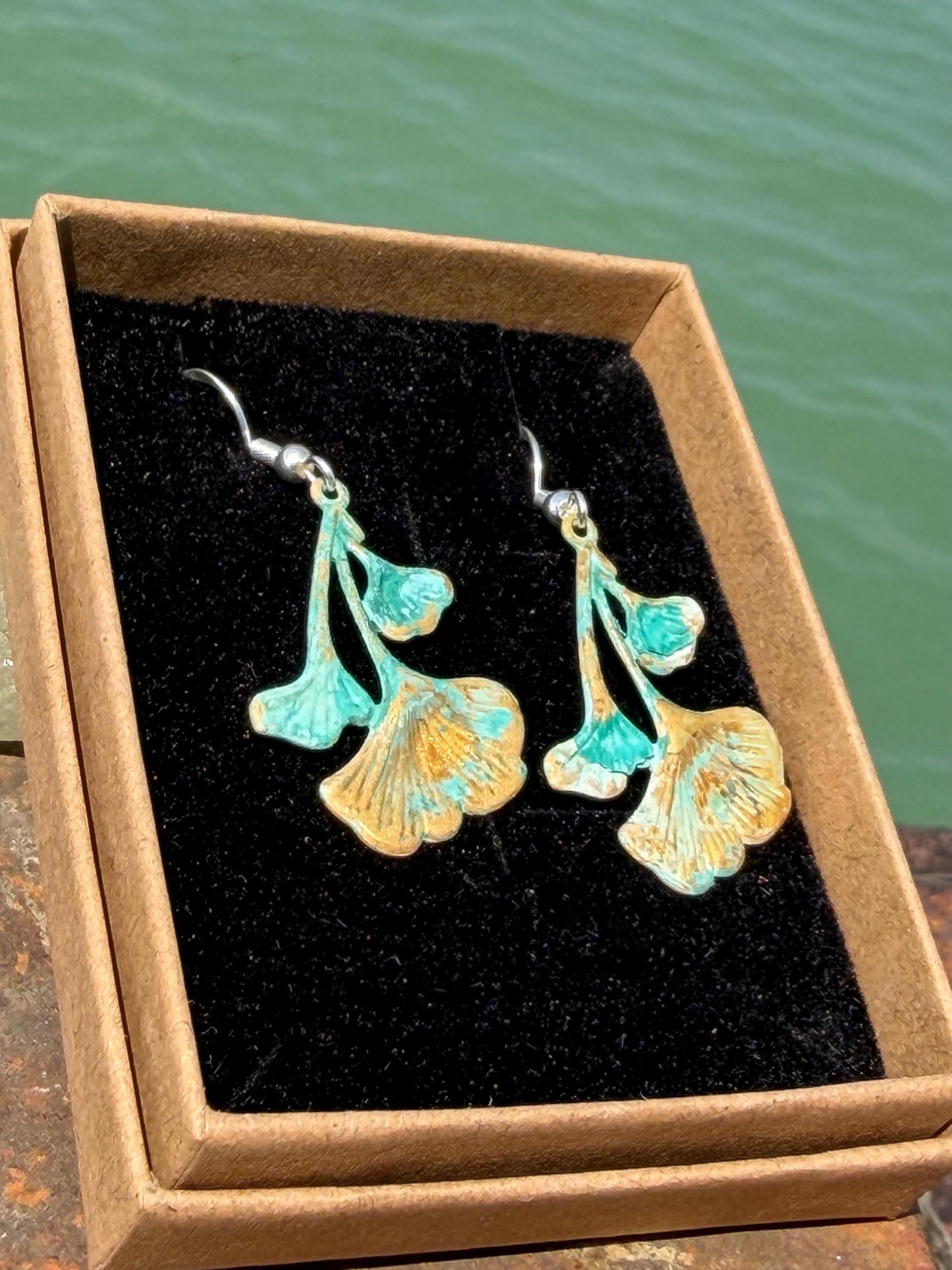Handmade flora earrings. Rustic earrings, unusual earrings, unusual gift for her, blue earrings, boho earrings, patina jewellery, hippy gift