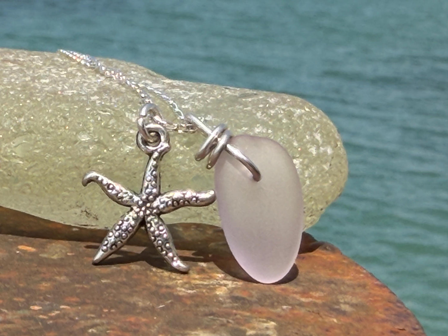 Eco friendly sea glass necklace on recycled sterling silver. Eco friendly jewellery. Ethical handmade jewellery. Starfish necklace.