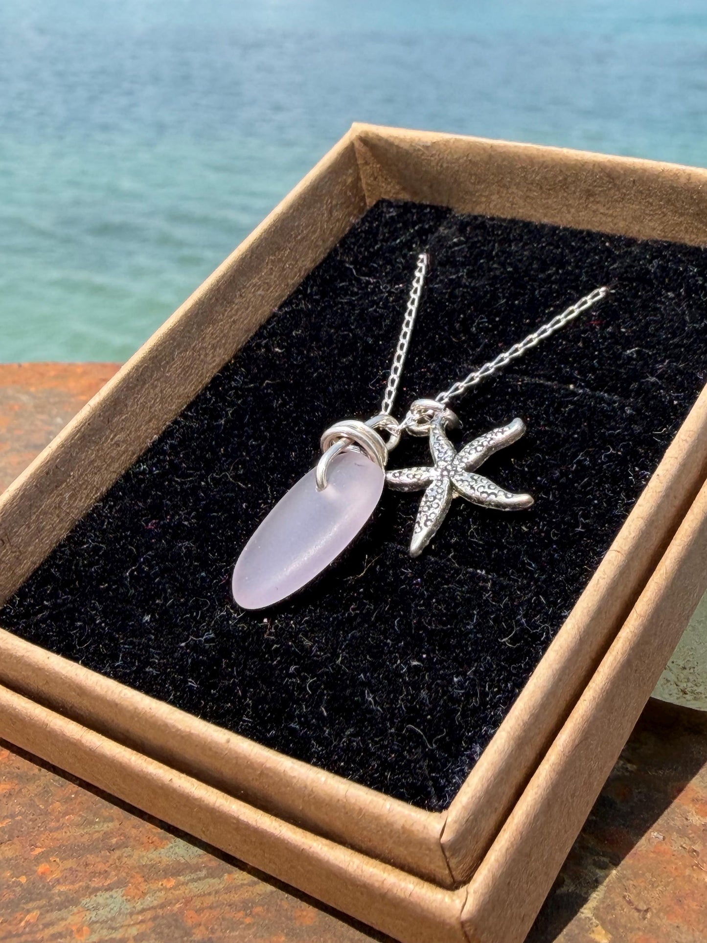 Eco friendly sea glass necklace on recycled sterling silver. Eco friendly jewellery. Ethical handmade jewellery. Starfish necklace.