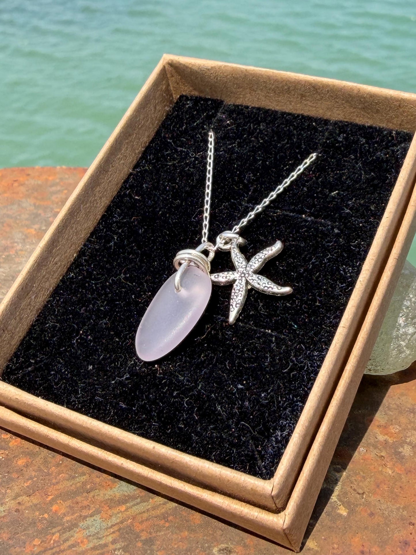 Eco friendly sea glass necklace on recycled sterling silver. Eco friendly jewellery. Ethical handmade jewellery. Starfish necklace.