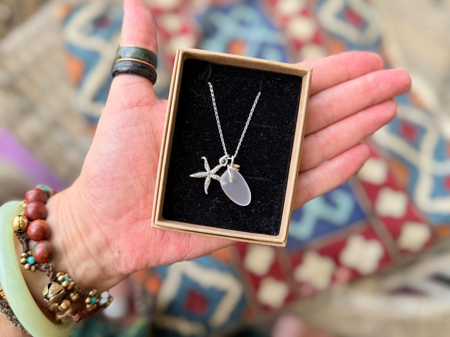 Eco friendly sea glass necklace on recycled sterling silver. Eco friendly jewellery. Ethical handmade jewellery. Starfish necklace.