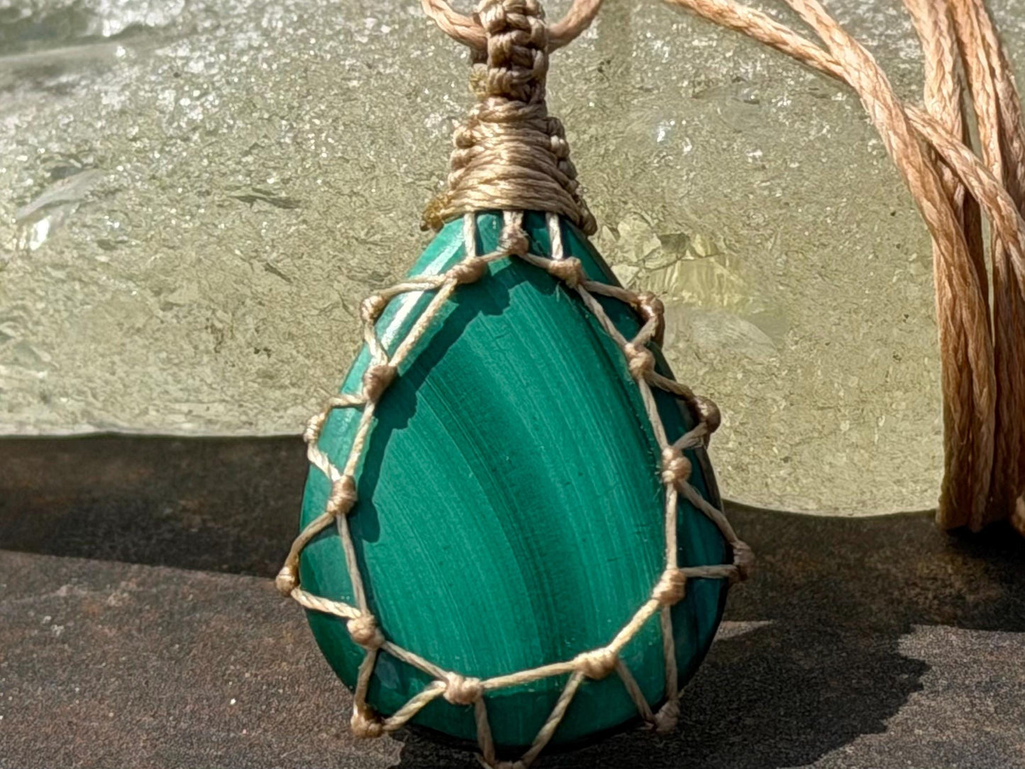 Stunning macrame malachite necklace on an adjustable cord. Handmade gemstone necklace, boho jewellery. Malachite jewellery. Unique necklace.