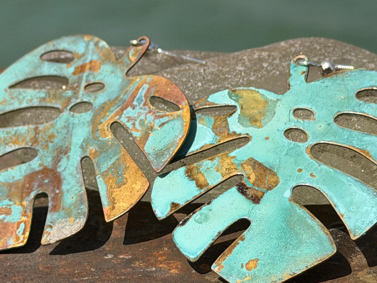Handmade leaf earrings. Rustic earrings, unusual earrings, unusual gift for her, blue earrings, boho earrings, large statement earrings.