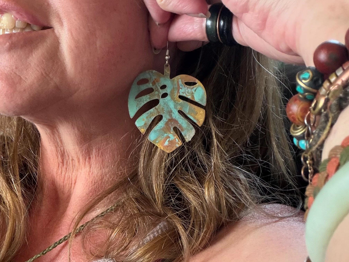 Handmade leaf earrings. Rustic earrings, unusual earrings, unusual gift for her, blue earrings, boho earrings, large statement earrings.