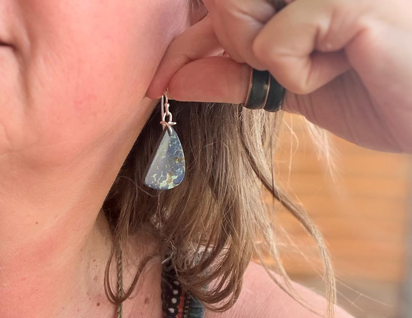 Chrysocolla gemstone earrings on recycled sterling silver. Ethical jewellery, blue gemstone earrings. Stunning unique jewellery. Unique gift