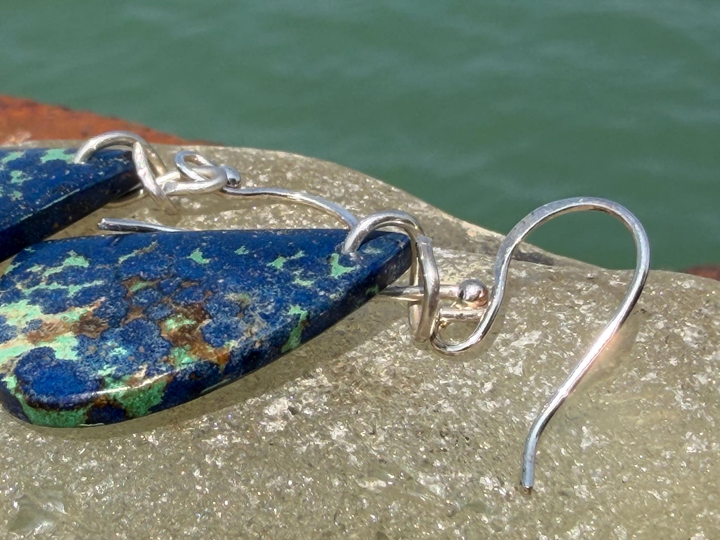 Chrysocolla gemstone earrings on recycled sterling silver. Ethical jewellery, blue gemstone earrings. Stunning unique jewellery. Unique gift