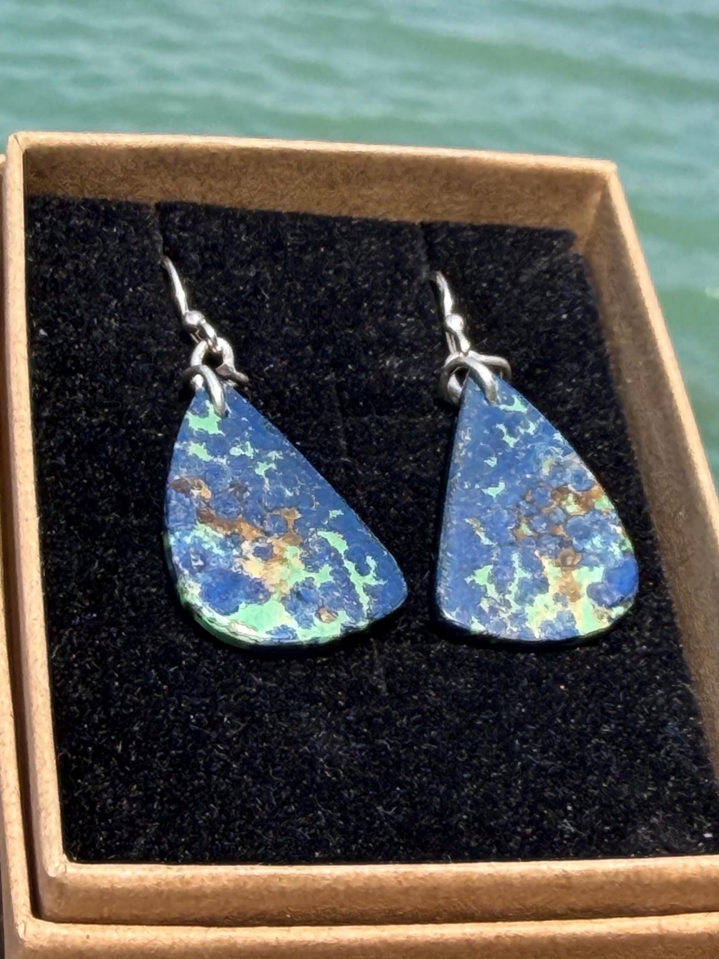 Chrysocolla gemstone earrings on recycled sterling silver. Ethical jewellery, blue gemstone earrings. Stunning unique jewellery. Unique gift