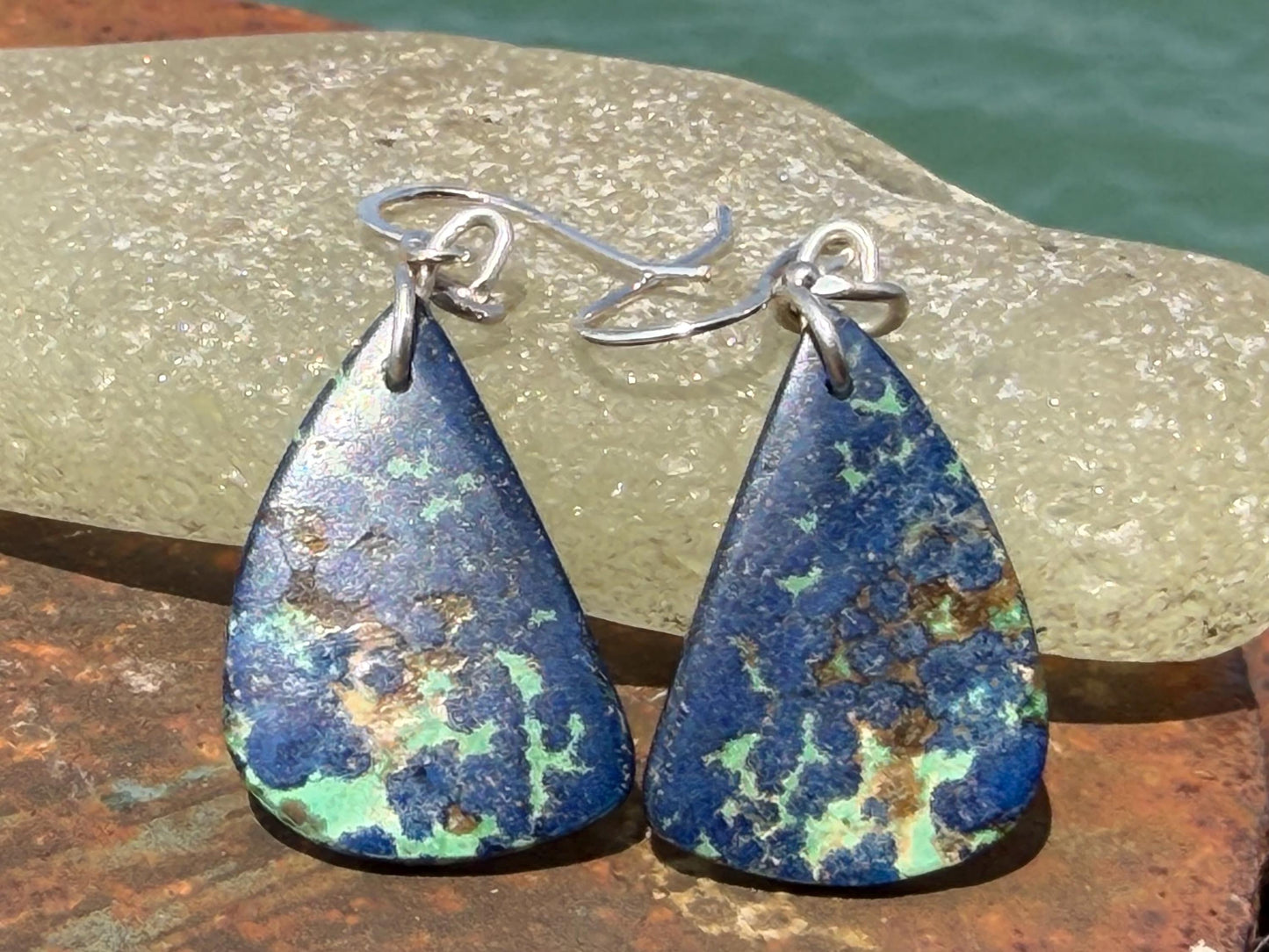 Chrysocolla gemstone earrings on recycled sterling silver. Ethical jewellery, blue gemstone earrings. Stunning unique jewellery. Unique gift