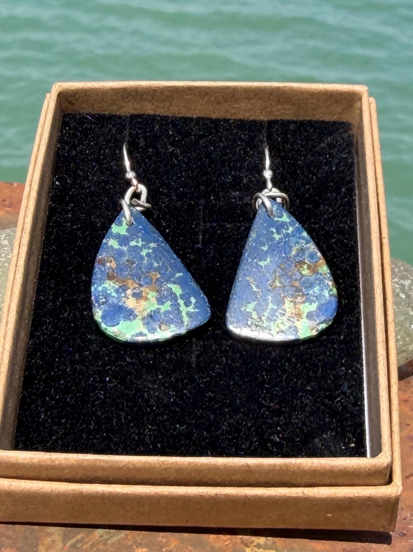 Chrysocolla gemstone earrings on recycled sterling silver. Ethical jewellery, blue gemstone earrings. Stunning unique jewellery. Unique gift