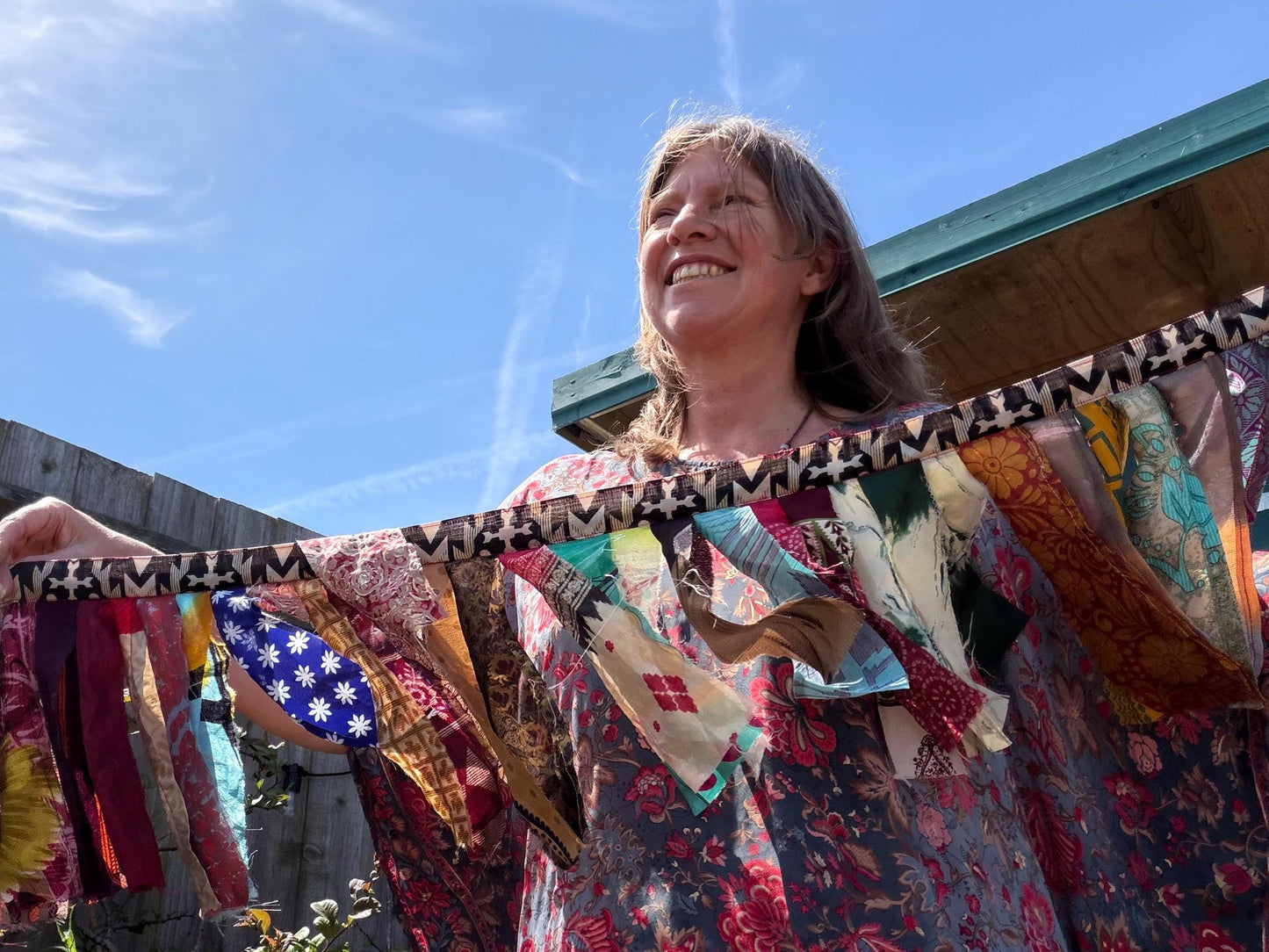 Long strips of multi-coloured rag bunting. Party bunting, wedding bunting, recycled sari bunting. Ideal for festivals, camping, birthdays