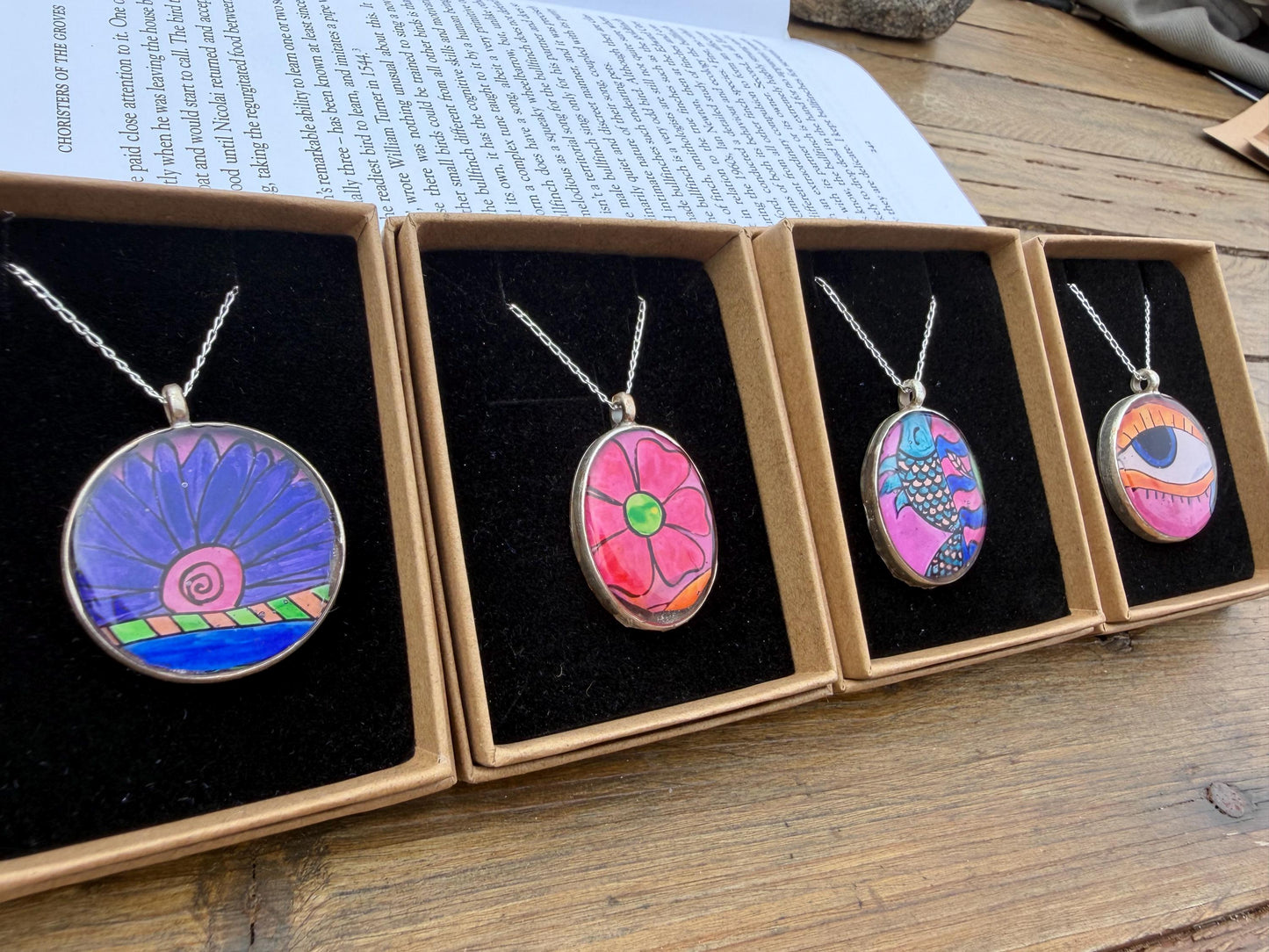Bright joyful necklaces made with my own photos & recycled sterling silver. Eco friendly jewellery. Boho colourful pendants. Bright pink.