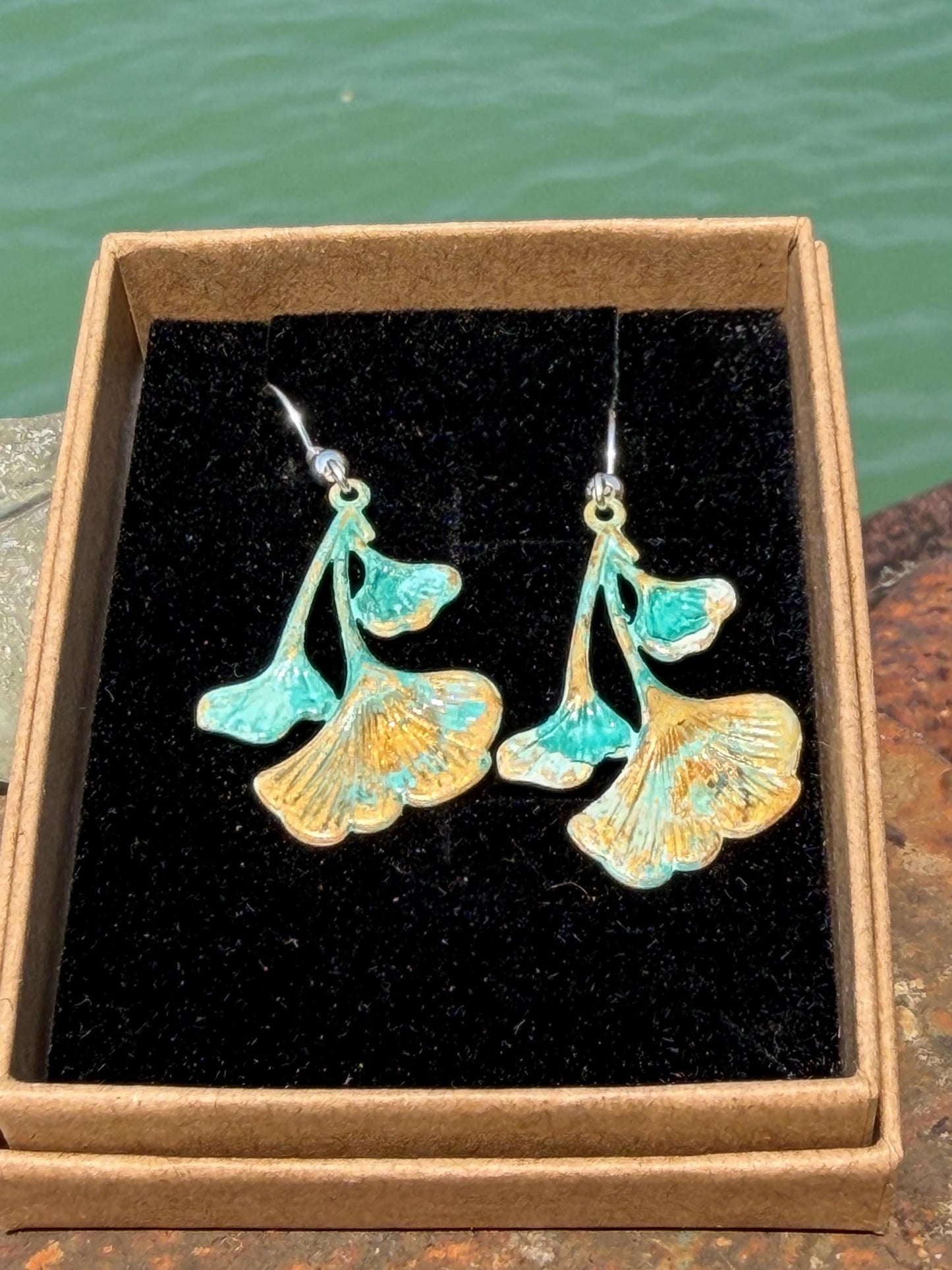 Handmade flora earrings. Rustic earrings, unusual earrings, unusual gift for her, blue earrings, boho earrings, patina jewellery, hippy gift
