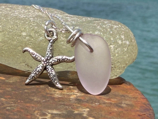 Eco friendly sea glass necklace on recycled sterling silver. Eco friendly jewellery. Ethical handmade jewellery. Starfish necklace.